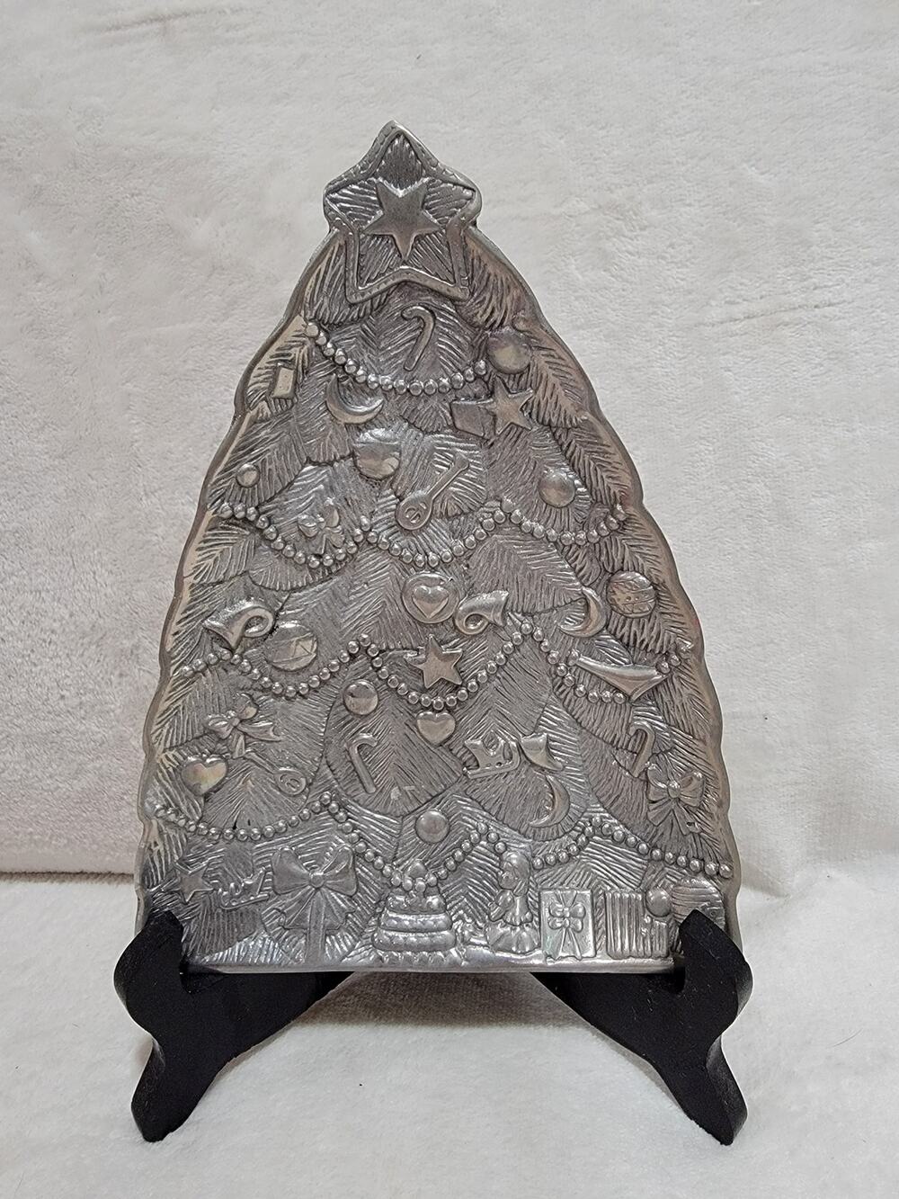 Decorated Christmas Tree Shaped Dish Candy Tray Silver Color Made in Mexico